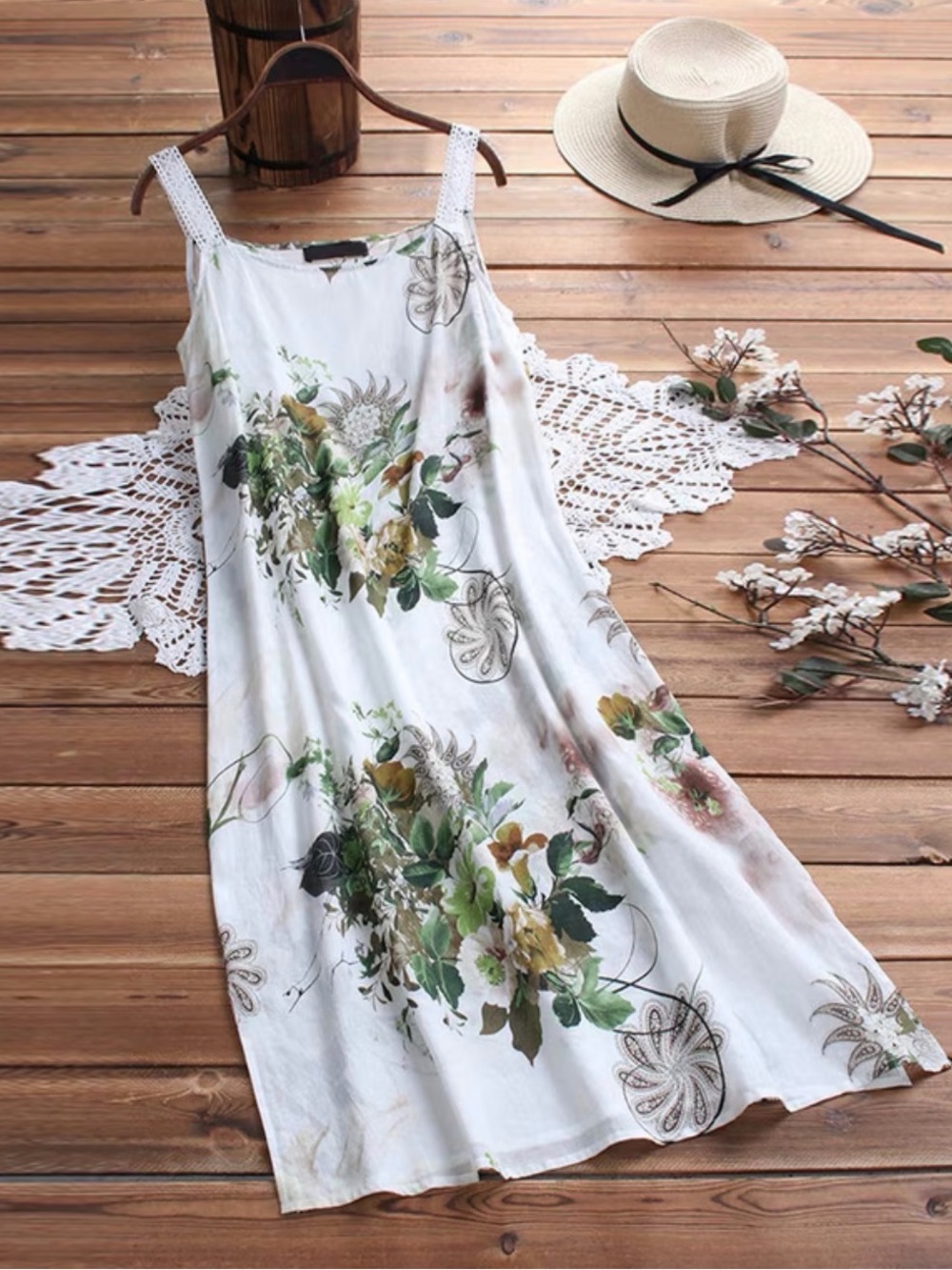 Women Vintage Sleeveless O Neck Size XL Bohemian Floral Print Maxi Dress